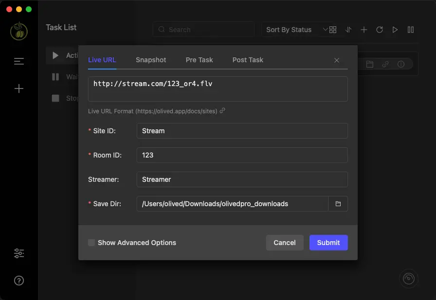 Olived interface: Adding a new recording task by pasting a URL (dark mode)